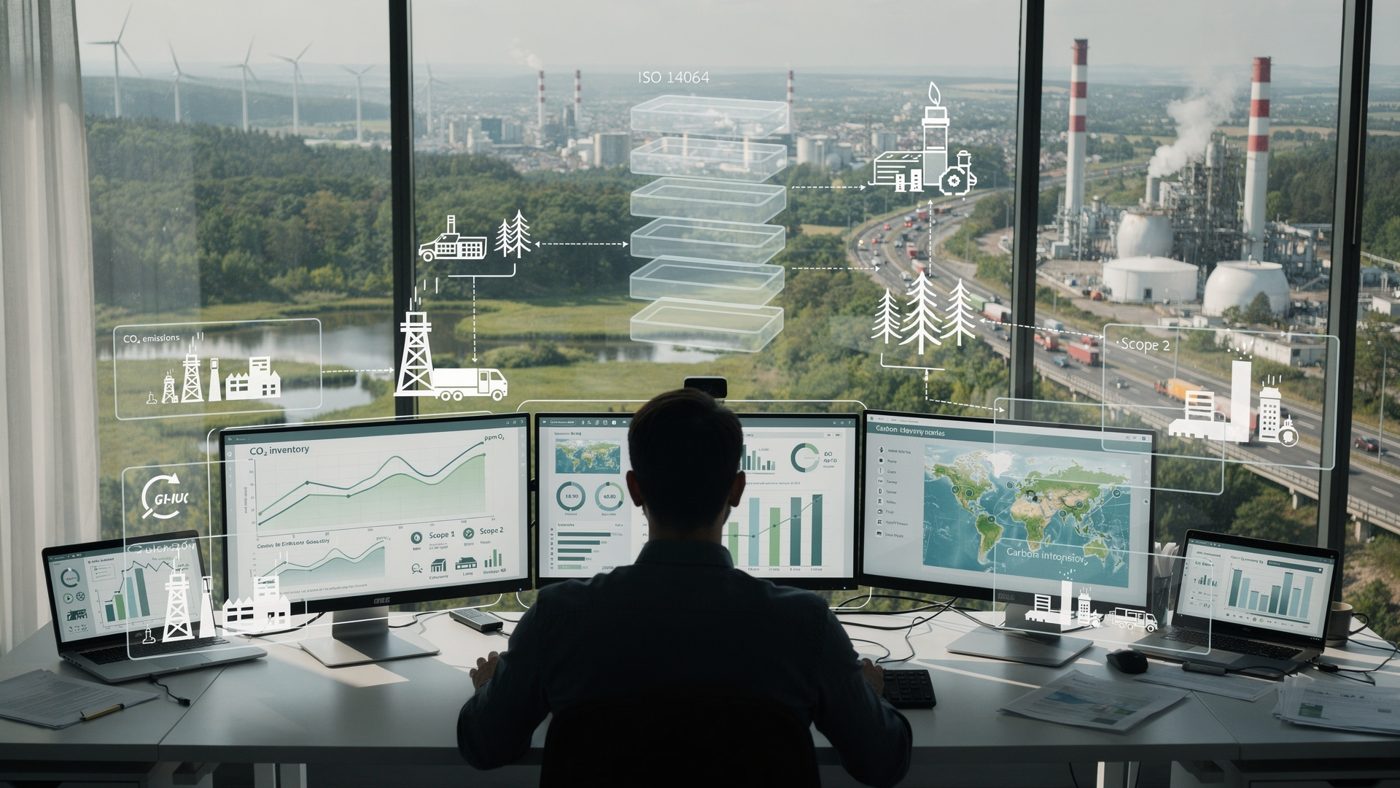 An analyst at three monitors showing GHG inventory dashboards, overlooking an industrial site